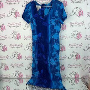 A-line by algo dress crinkle fabric Vibrant shiny leafs tropic Blue Floral Dress